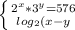 \left \{ {{2^x*3^y=576} \atop {log_2(x-y)=2}} \right.